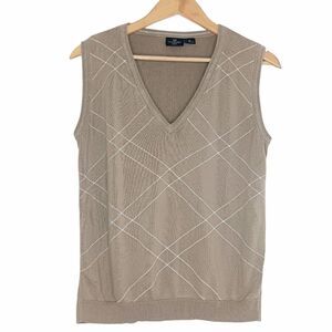 Women’s Beige Taupe Windowpane Plaid Sweater Vest XL V Neck Sleeveless Preppy
